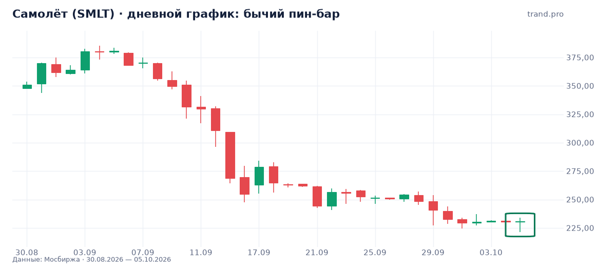 Самолёт: бычий пин-бар на дневном графике Самолёт (SMLT): бычий пин-бар
