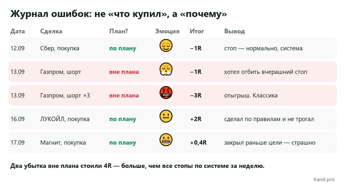 Пример журнала ошибок: сделки по плану и вне плана, эмоции и выводы